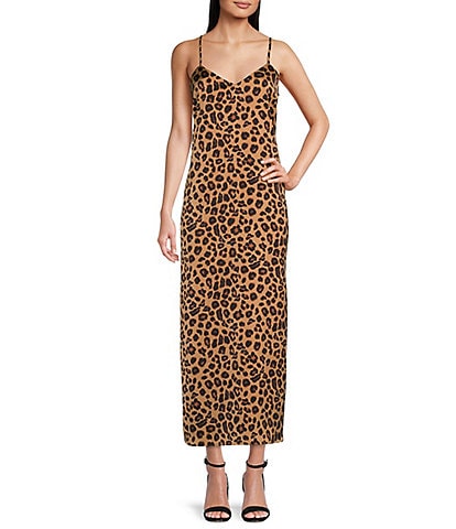 Gibson & Latimer Satin Leopard Print V-Neck Sleeveless Maxi Slip Dress