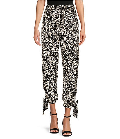 Gibson & Latimer Satin Printed High Waist Belted Ankle Tie Joggers
