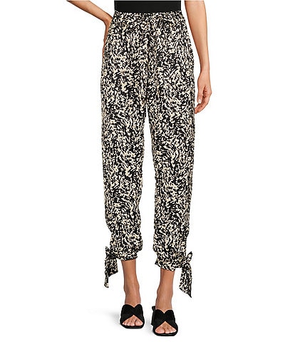 Gibson & Latimer Satin Printed High Waist Belted Ankle Tie Coordinating Joggers
