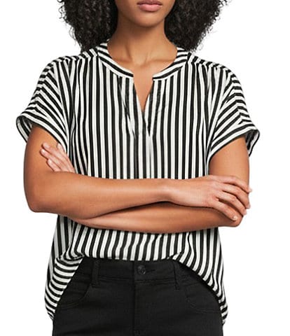 Gibson & Latimer Satin Stripe Moonshadow Split Round Neck Dropped Short Roll Tab Sleeve Hi-Low Shirttail Blouse