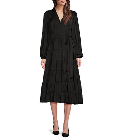 Gibson & Latimer Moonshadow Satin Surplice V-Neck Long Blouson Sleeve Wrap Tie at Waist A-Line Midi Dress