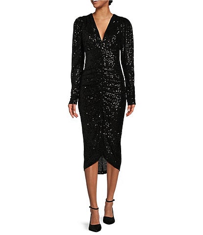Gibson & Latimer Sequin V Neck Long Puff Sleeve Ruched Bodycon Midi Dress