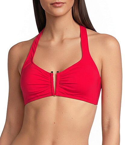 Gibson & Latimer Solid V-Wire Halter Swim Top & Solid Side Shirred Mid Rise Hipster Swim Bottom