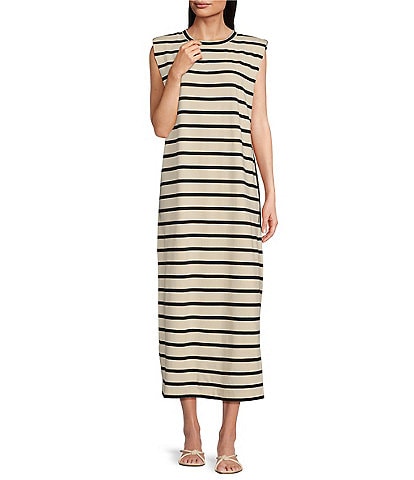 Gibson & Latimer Stripe Knit Crew Neck Sleeveless Sheath Midi Dress