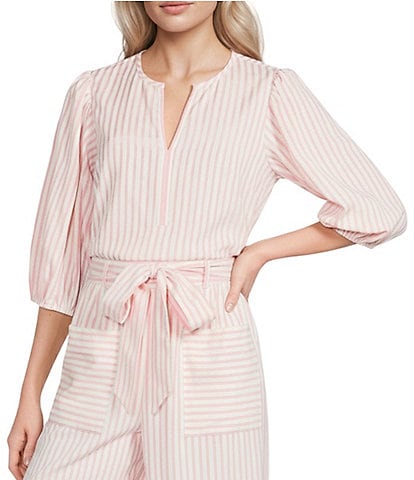 Gibson & Latimer Stripe Seersucker V-Neck 3/4 Sleeve Coordinating Blouse