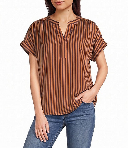 Gibson & Latimer Stripe Split V-Neck Cap Sleeve Woven Blouse