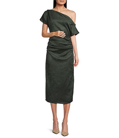 Gibson & Latimer Suede Asymmetric One Shoulder Off-the-Shoulder Ruched Sheath Midi Suede Dress