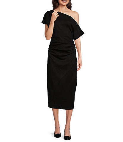 Gibson & Latimer Suede Asymmetric One Shoulder Off-the-Shoulder Ruched Sheath Midi Suede Dress