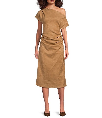 Gibson & Latimer Suede Asymmetric One Shoulder Off-the-Shoulder Ruched Sheath Midi Suede Dress