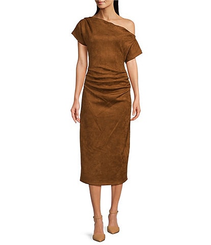 Gibson & Latimer Suede Asymmetric One Shoulder Off-the-Shoulder Ruched Sheath Midi Suede Dress