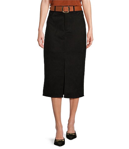 Gibson & Latimer Suede High Rise Belted Split Hem Pencil Midi Skirt