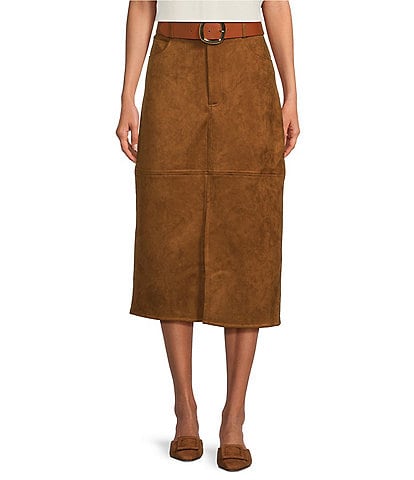 Gibson & Latimer Suede High Rise Belted Split Hem Pencil Midi Skirt