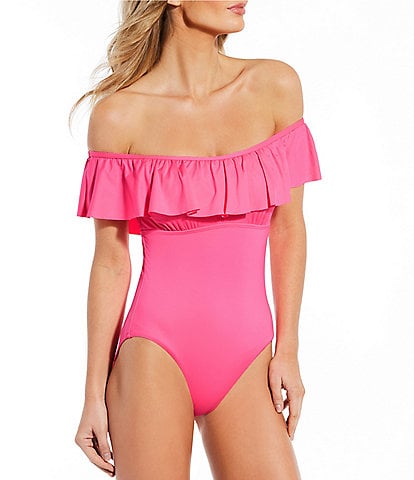 Gibson & Latimer Solid Ruffled Off-the-Shoulder One Piece Swimsuit