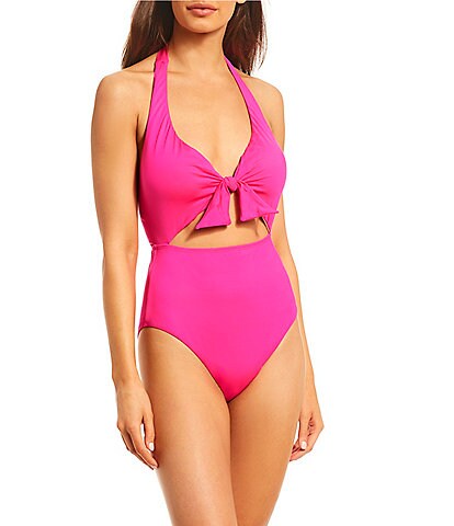 Gibson & Latimer Summer Solids Shocking Pink Halter Cutout One Piece Swimsuit
