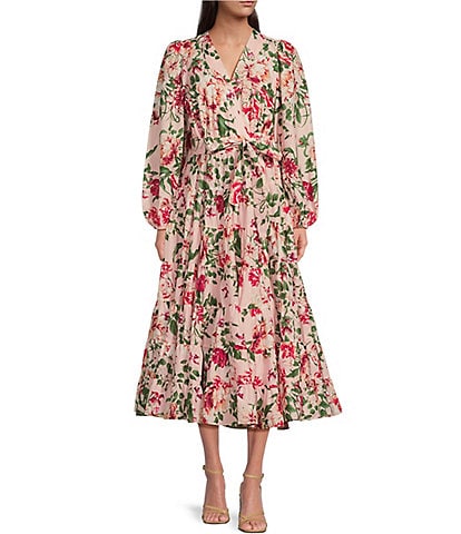Gibson & Latimer Tiered Long Sleeve Tie Waist Wrap Floral Print Midi Dress