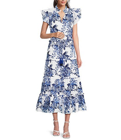 Gibson & Latimer Toile Floral Print Ruffle V-Neck Cap Sleeve Tassel Tie Waist Tiered Maxi Dress