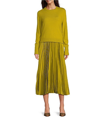 Gibson & Latimer Twofer Long Sleeve Crew Neck Pleated Midi Dress