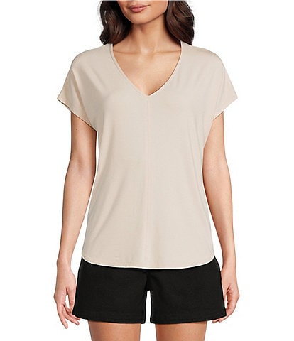 Gibson & Latimer Knit V-Neck Dropped Short Sleeve Shell Shirttail Tee Shirt