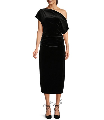 Gibson & Latimer Velvet Asymmetric One Shoulder Short Sleeve Ruched Midi Sheath Dress