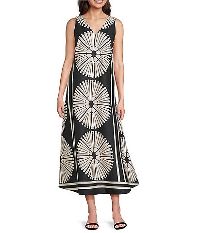 Gibson & Latimer Woven Fan Print V-Neck Sleeveless A-Line Flounce Maxi Dress