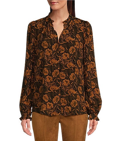 Gibson & Latimer Woven Floral Print Ruffle Collar Split V-Neck Long Peasant Sleeve Button Front Blouse