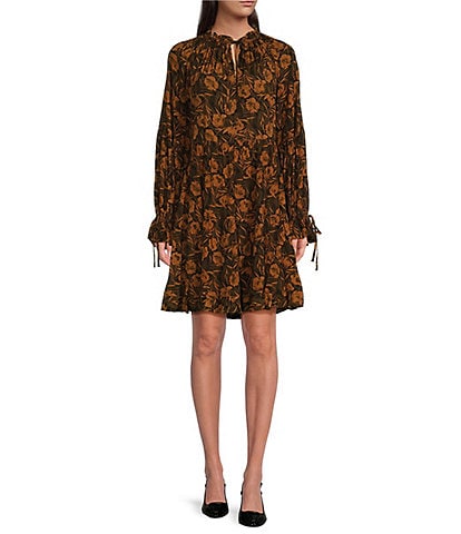 Gibson & Latimer Woven Floral Print Split Tie Neck Long Raglan Sleeve Above the Knee Flounce Dress