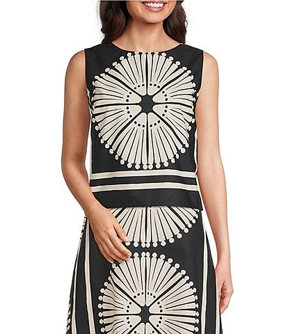 Gibson & Latimer Woven Geometric Fan Print Cropped Crew Neck Sleeveless Coordinating Top