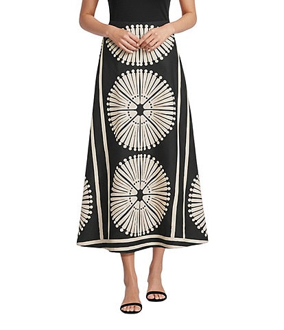 Gibson & Latimer Woven Geometric Fan Print Mid Rise A-Line Flounce Midi Coordinating Skirt