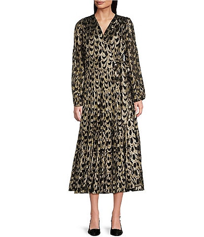 Gibson & Latimer Woven Metallic Ogee Print Surplice V-Neck Long Blouson Sleeve Wrap Tie at Waist A-Line Midi Dress