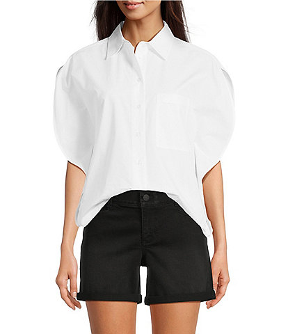 Gibson & Latimer Woven Point Collar Cap Dolman Sleeve Circle Button Front Shirt