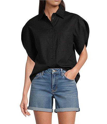 Gibson & Latimer Woven Point Collar Cap Dolman Sleeve Circle Button Front Shirt