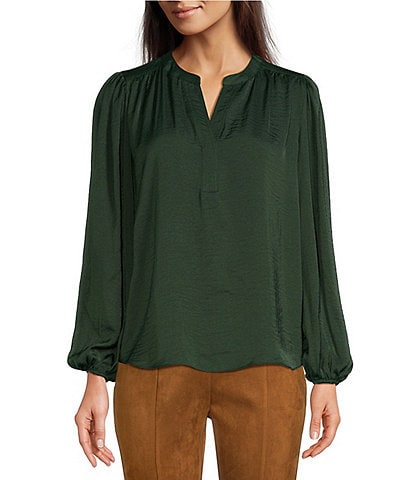 Gibson & Latimer Woven Split Neck Long Balloon Sleeve Blouse