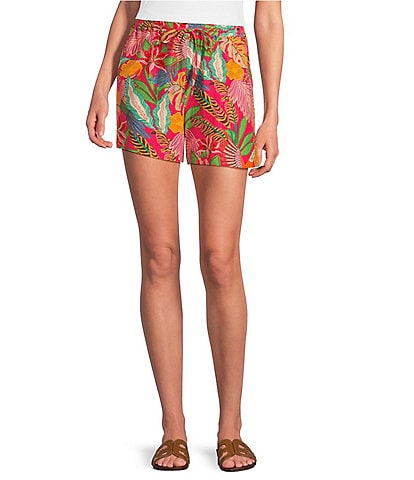 Gibson & Latimer Woven Tropical Print High Rise Elastic Drawstring Waist Coordinating Shorts