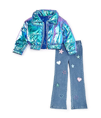 Girls Like Us Little Girls 4-6X Long Sleeve Puffer Jacket, Short Sleeve Top & Denim Leggings Set