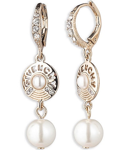 Givenchy Crystal Gold Tone White Pearl Logo Double Drop Earrings