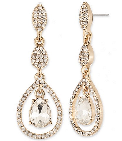 Givenchy Gold Tone Crystal Pave Pear Triple Drop Earrings