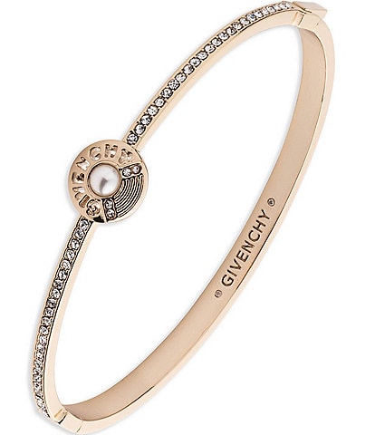 Givenchy Gold Tone White Pearl Logo Crystal Bangle Bracelet