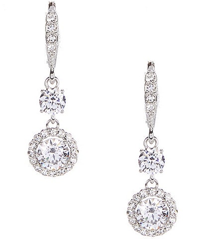 Givenchy Silver Tone Crystal CZ Halo Double Drop Earrings