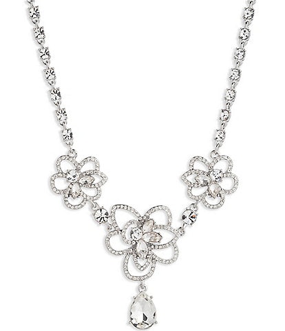 Givenchy Silver Tone Crystal Floral Frontal Collar Necklace