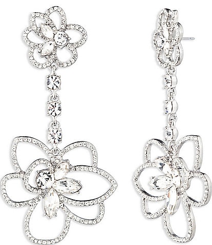 Givenchy Silver Tone Crystal Floral Linear Statement Earrings