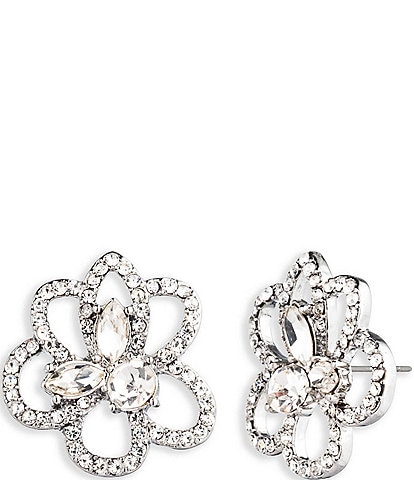 Givenchy Silver Tone Crystal Floral Stud Earrings