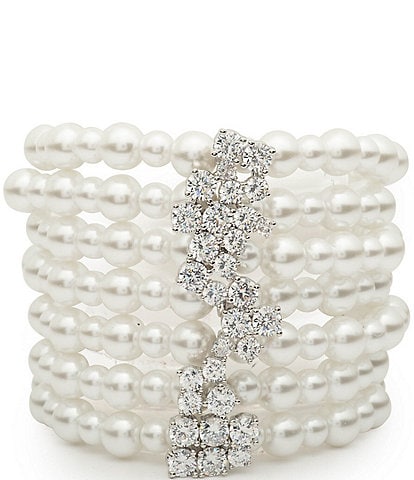 Givenchy Silver Tone Crystal White Pearl Stretch Bracelet