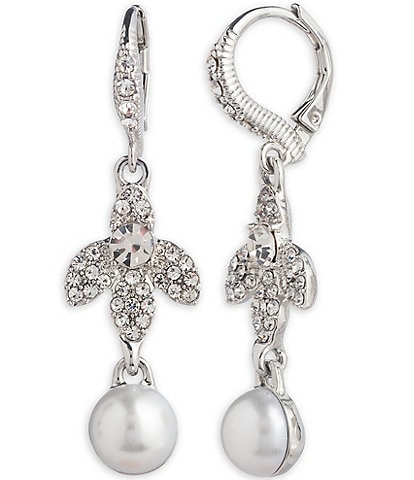 Givenchy Silver Tone White Pave Pearl Crystal Drop Earrings