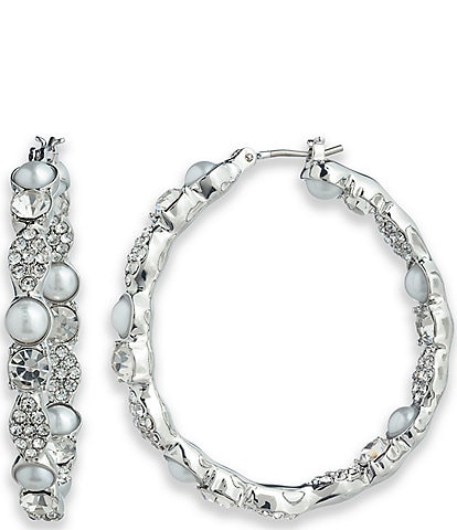 Givenchy Silver Tone Crystal White Pearl 36mm Hoop Earrings