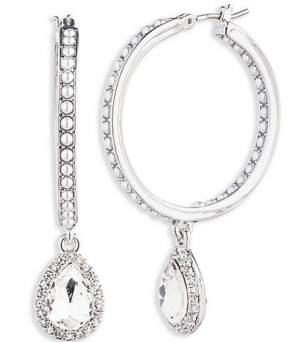 Givenchy Silver Tone White Pearl and Crystal Drop Hoop Earrings