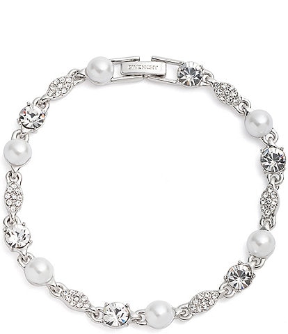 Givenchy Silver Tone Crystal White Pearl Flex Line Bracelet