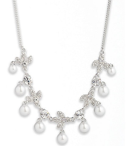 Givenchy Silver Tone Crystal White Pearl Frontal Collar Necklace