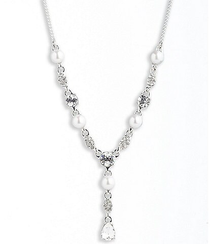 Givenchy Silver Tone Crystal White Pearl Y Necklace