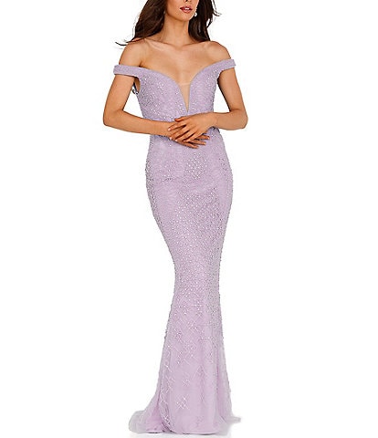 Glamour by Terani Couture Beaded Off The Shoulder Deep V-Neck Long Dress
