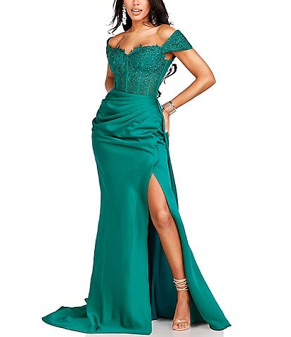 Glamour by Terani Couture Off-The-Shoulder Corset Side Slit Gown